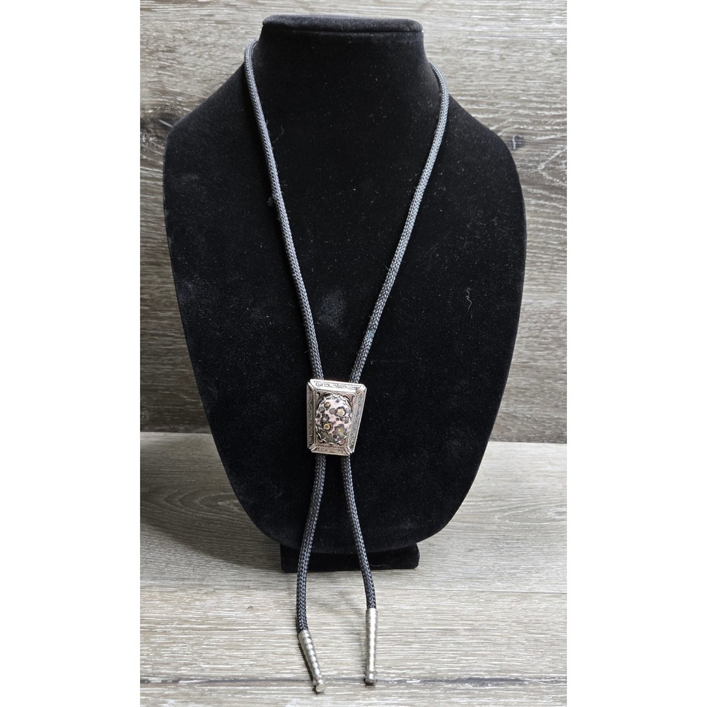 Vintage Western Leopard Skin Jasper Bolo Tie Silver Tone Filigree Black Cord